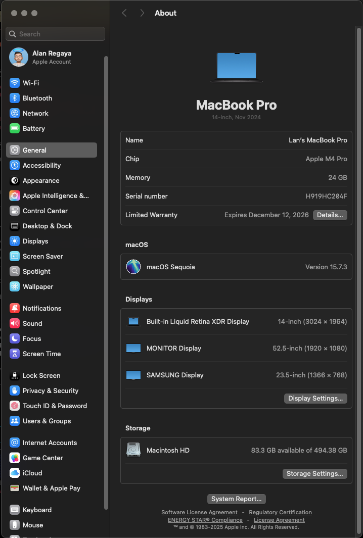 macOS About This Mac — MacBook Pro 14", M4 Pro, 24GB RAM