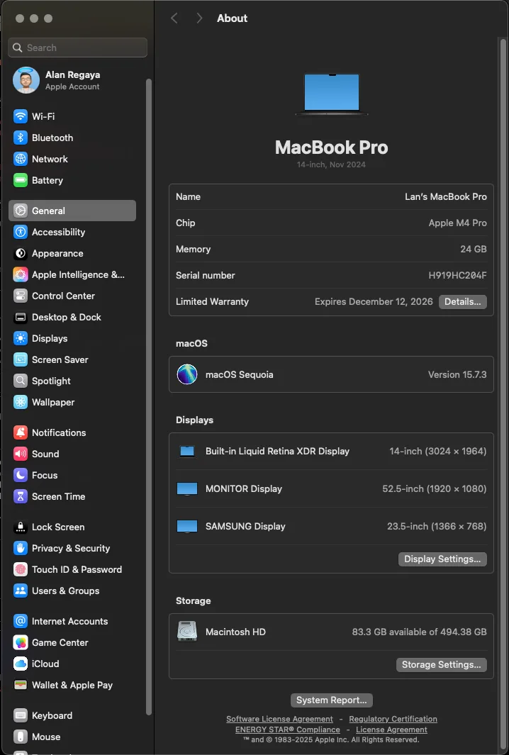 macOS About This Mac — MacBook Pro 14", M4 Pro, 24GB RAM